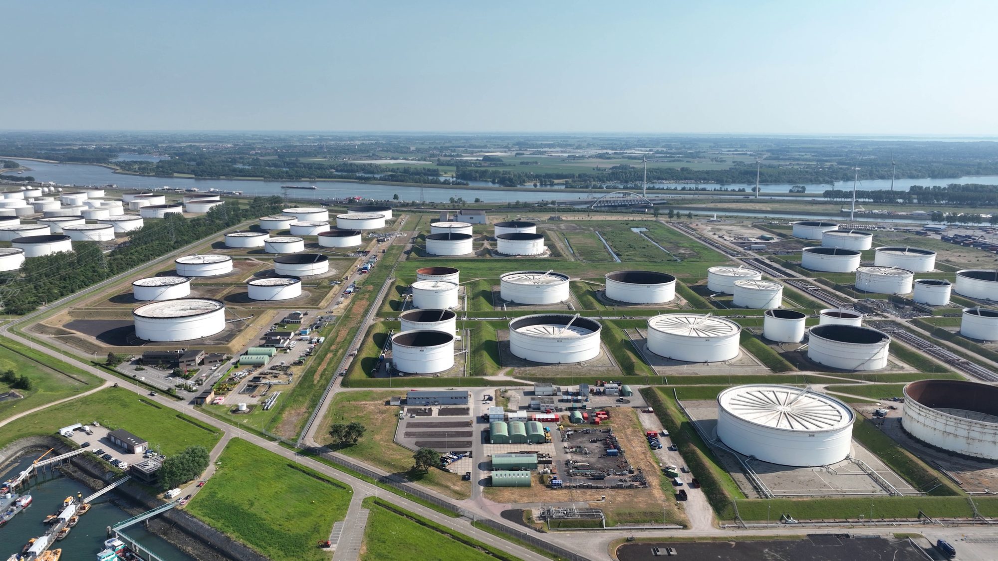Aerial view of petrochemical storage tank infrastructure